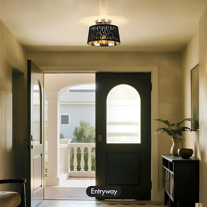 Modern Ceiling Light Fixture 2 Pack, 10 Inch Semi Flush Mount Lamp with Black Cut-Out Linen Shade, E26 Base, Gold for Kitchen Bedroom Hallway Closet Entryway Room Small Spaces