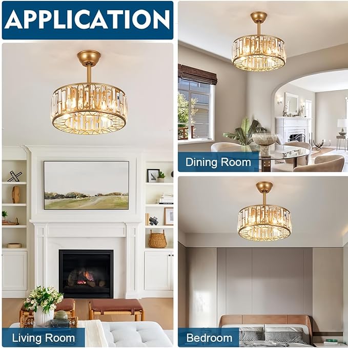 18.2" Crystal Caged Ceiling Fan with Light 4-Light Modern Fandelier Lighting Gold Ceiling Fan with Lights Reversible Remote Ceiling Fan Chandelier for Bedroom Living Room Dining Room Kitchen