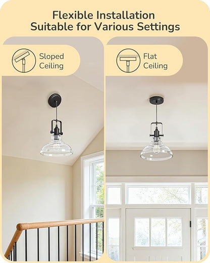 EDISHINE Farmhouse Pendant Lights Kitchen Island, Clear Seeded Glass Shade Hanging Light with Matte Black Finish, Modern Pendant Light Fixtures with Open Shade, Over Island Bar,E26 Base