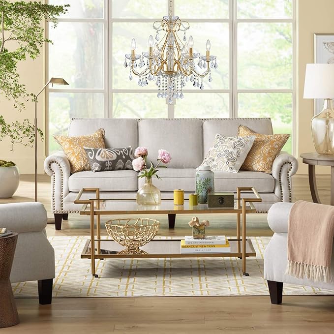 Bestier Gold Vintage Candle Chandelier Crystal Lighting Fixture Lamp for Dining Room Bathroom Foyer Livingroom 6 E12 Bulbs Required D24 in x H26 in