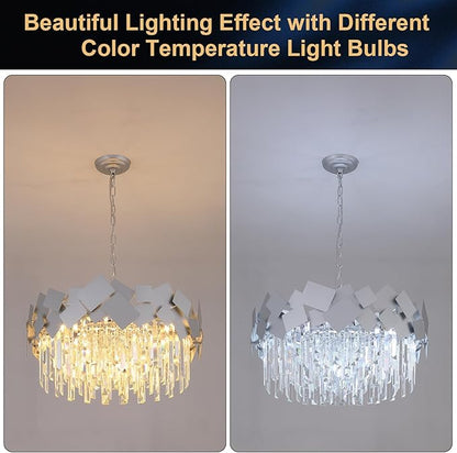 Modern Crystal Chandeliers 24" Silver Crystal Round Chandelier Luxury K9 Crystal Drum Bedroom Chandeliers Kitchen Light Fixture Adjustable Chandelier for Living Room Dining Room Foyer Bedroom