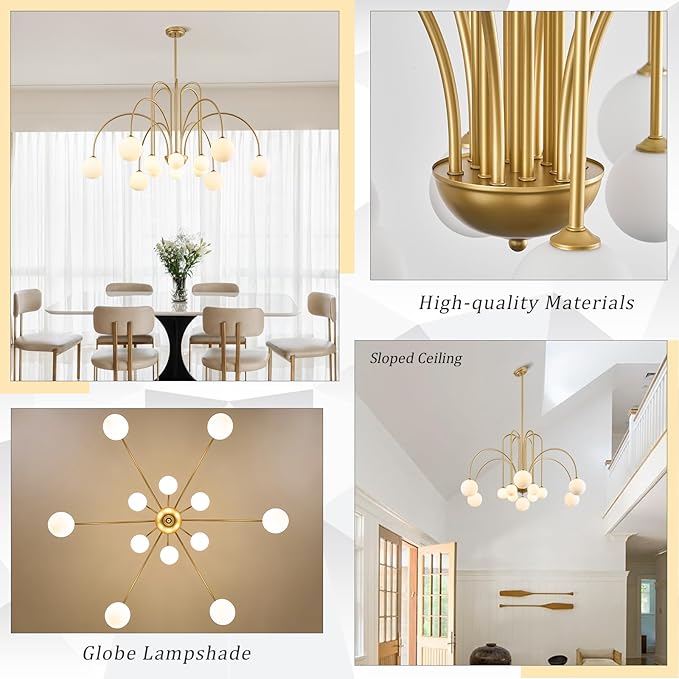 CATINER Large Sputnik Chandeliers 12 Lights Modern Gold Chandelier for High Ceiling L52” Mid Century Ceiling Pendant Light Fixtures with Milk Glass Globe Shades for Living Dining Room Foyer Staircase
