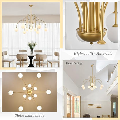 CATINER Large Sputnik Chandeliers 12 Lights Modern Gold Chandelier for High Ceiling L52” Mid Century Ceiling Pendant Light Fixtures with Milk Glass Globe Shades for Living Dining Room Foyer Staircase
