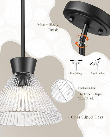 Black Pendant Light, HWH 1-Light 11-Inch Adjustable Hanging Light Fixture, Kitchen Pendant Light with Clear Striped Glass, Matte Black Finich, 5HZG108MIL BK