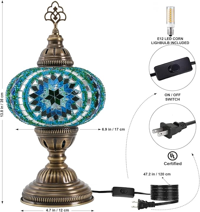 Turkish Mosaic Table Lamp with Bulb – Light Green Handmade Stained Glass Bedside Light, Authentic Turkish Boho Vintage Home Decor with E12 Socket