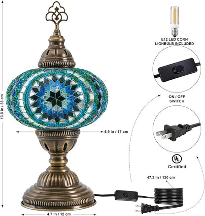 Turkish Mosaic Table Lamp with Bulb – Light Green Handmade Stained Glass Bedside Light, Authentic Turkish Boho Vintage Home Decor with E12 Socket