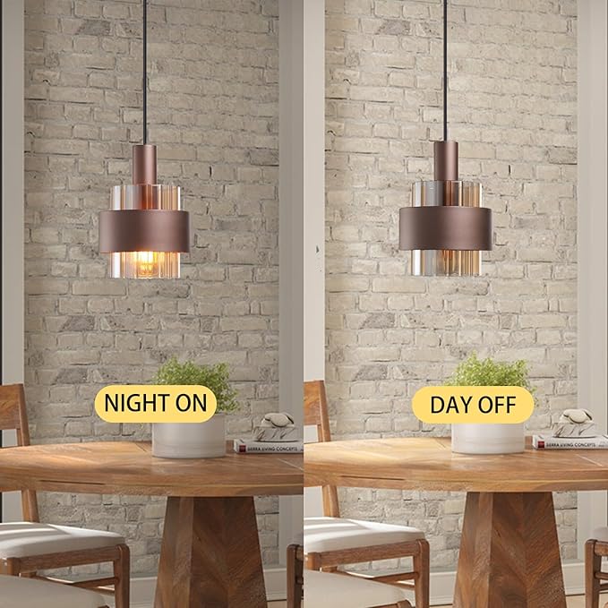 Modern Pendant Light Kitchen Island, 7.3" Mini Hanging Lamp Over Sink, Adjustable Cord Chandelier Ceiling Lighting Fixtures with Amber Glass Lampshade