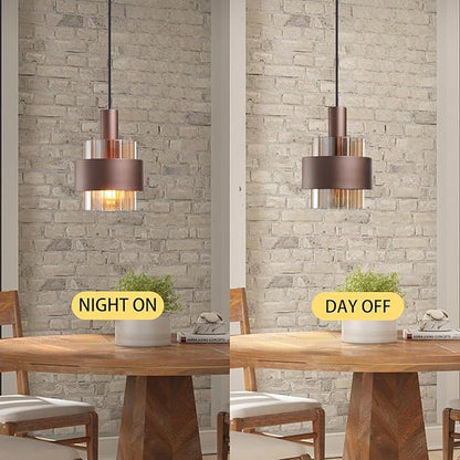 Modern Pendant Light Kitchen Island, 7.3" Mini Hanging Lamp Over Sink, Adjustable Cord Chandelier Ceiling Lighting Fixtures with Amber Glass Lampshade