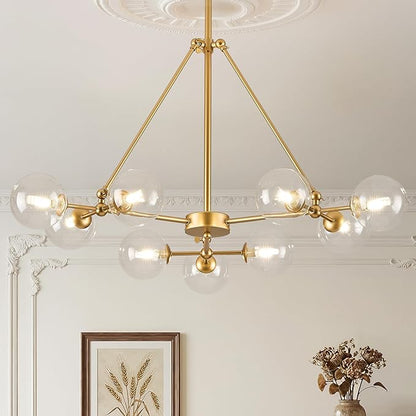 CATINER L40”Sputnik Chandeliers 9-Lights Modern Gold Chandelier Mid Century Ceiling Pendant Light Fixtures with Clear Glass Globe Shades for Kitchen Bedroom Living Dining Room Foyer Entryway
