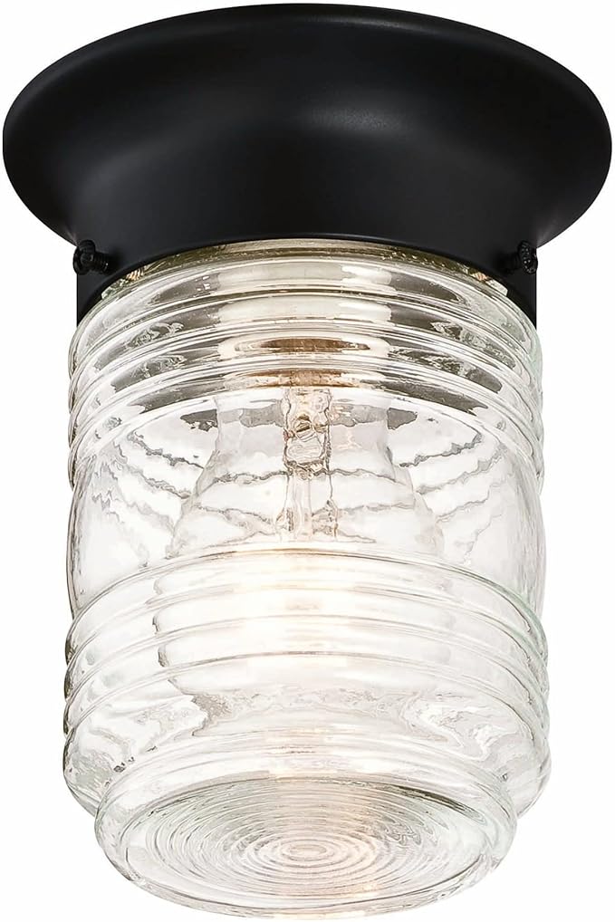 Design House Jelly Jar Indoor Outdoor Flush Mount Ceiling Light, Matte Black, 5.9 in H x 4.8 in Dia, Damp Rated, Dimmable, Uses 1 E26 Bulb, Ribbed Clear Glass, Weather-Resistant Steel, 587220