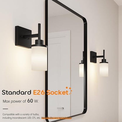 Wall Light Fixtures Matte Black Bathroom Vanity Lights Over Mirror with White Frosted Glass Shade, Wall Lamps for Porch Entrance, 2 Pack T001MB-L1-P2