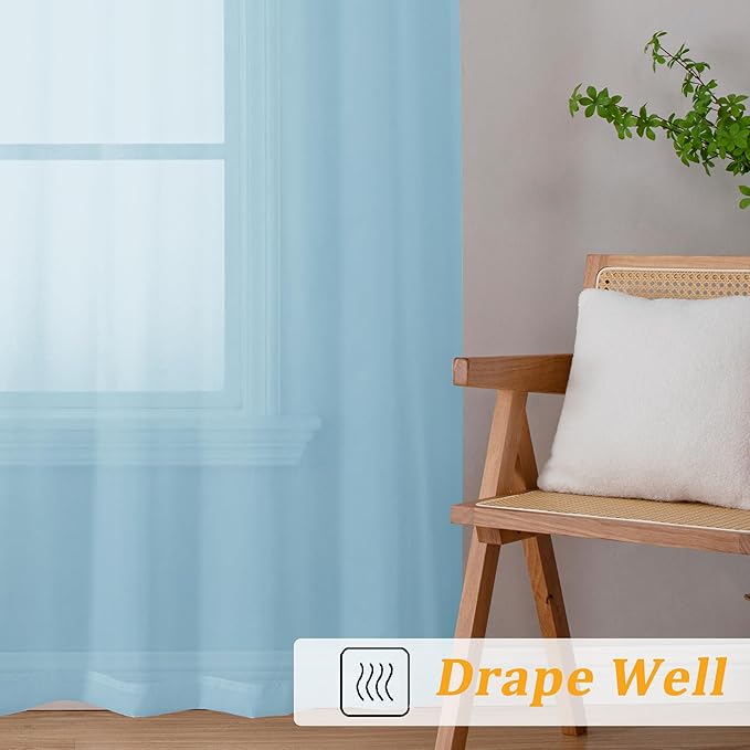 Gwine Sky Blue Sheer Curtains for Living Room 45 inches Long, Short Voile Light Filtering Window Treatments Sheer Curtains for Bedroom, Half Window Drapes with Rod Pocket, Each 42" Wx45 L