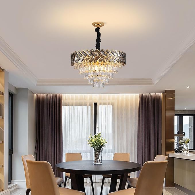 Modern Crystal Chandelier Gold,24" Round Crystals Chandeliers for Dining Room Top K9 Adjustable Ceiling Light Fixture 5-Tier Crystal Pendant Lamp 9-Light for Living Room Foyer Staircase