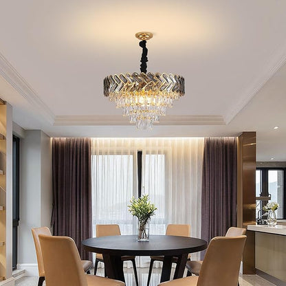 Modern Crystal Chandelier Gold,24" Round Crystals Chandeliers for Dining Room Top K9 Adjustable Ceiling Light Fixture 5-Tier Crystal Pendant Lamp 9-Light for Living Room Foyer Staircase