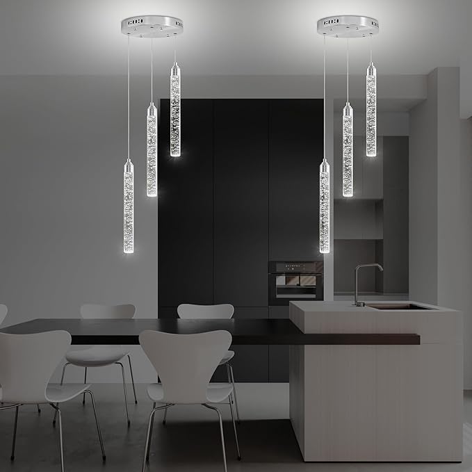 Crystal Kitchen Island Chandelier, Modern Chrome Spiral Dimmable LED Cluster Raindrop Foyer Chandelier Lighting, Bubble Dining Room Hanging Light Fixture 3 Light Remote Control