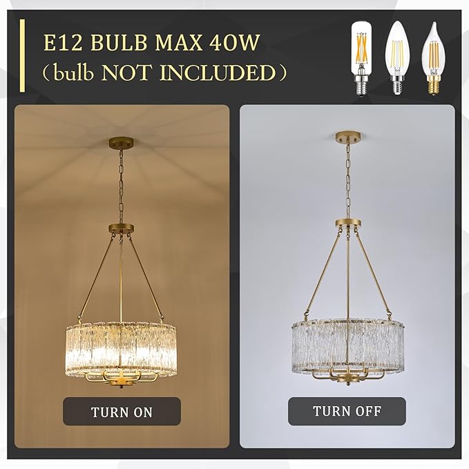 CATINER 20" Crystal Glass Chandelier Modern 6-Light Gold Drum Chandeliers Luxury Ceiling Pendant Lighting for Entryway Foyer Dining Room Bedroom Kitchen