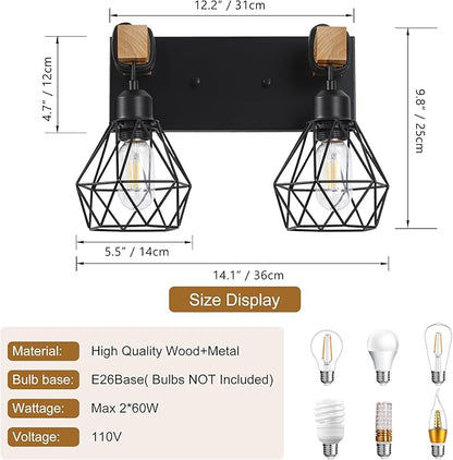 Farmhouse Vanity Light for Bathroom, 2-Light Wood Bathroom Vanity Light Fixtures Over Mirror, Rustic Sconces Wall Lighting with Metal Lampshade for Living Room, Bedroom, Hallway