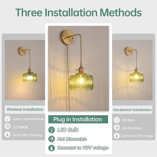 Shenmoyl Vintage Wall Sconce Wall Lamp with Green Striped Glass Shade Hanging Wall Sconce with 4.9FT Plug in Cord, Modern Wall Lamp Fixtures Decor for Bedside Bedroom Indoor Doorway