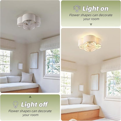 20" Boho Ceiling Fan with Light, Rattan Caged Flush Mount Ceiling Fan with Light Remote Control, Enclosed with 6 Speeds for Bedroom, Living Room, Foyer, Nursery (Beige)