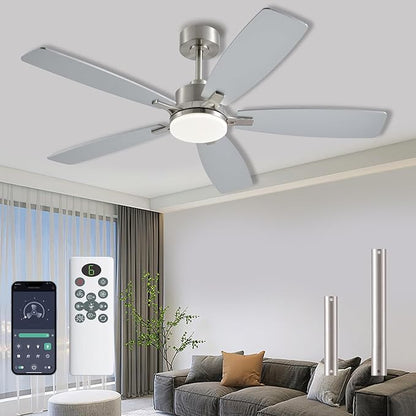 NKPU Ceiling Fans with Lights, 52 Inch Low Profile Ceiling Fan with Light and Remote Control, 2 Downrods, DC Reversible Motor, Dimmable LED Ceiling Fans for Bedroom,Indoor/Outdoor Patio Use（Nickel）