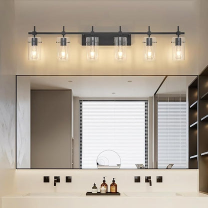 SOLFART Black Vanity Light fixtures 49.2 inch 6 Lights Wall Light Fixtures Above Mirror for Bathroom with Glass Shade (Exclude Bulb)