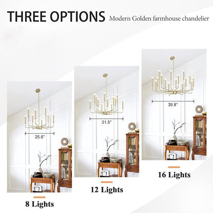 Qamra Modern Farmhouse Gold Chandelier for Dining Room, 8-Light Rustic Candle Chandelier Light Fixture, Industrial Hanging Chandeliers Lighting for Living Room, Kitchen, Staircase, Entryway, Foyer