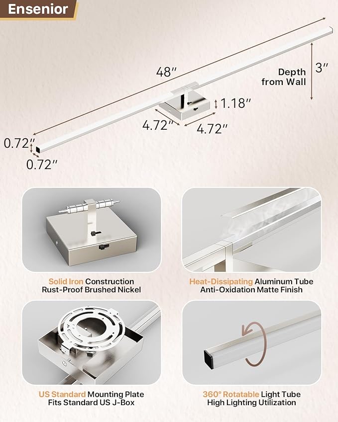 Ensenior Modern Brushed Nickel Bathroom Vanity Light 48 inch, Built-in Dimmer, 2100LM Dimmable 5CCT Led Bath Lights, Bar Vanity Light for Bathroom Mirror Cabinets Bedroom-FCC & ETL Certificated