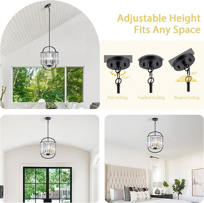 Black Crystal Pendant Light for Dining Room 12.8" Mini Luxury Crystal Chandelier 4-Light Small Modern Elegant Adjustable Chandelier for Bedroom Kitchen Island Hanging Ceiling Light Fixture