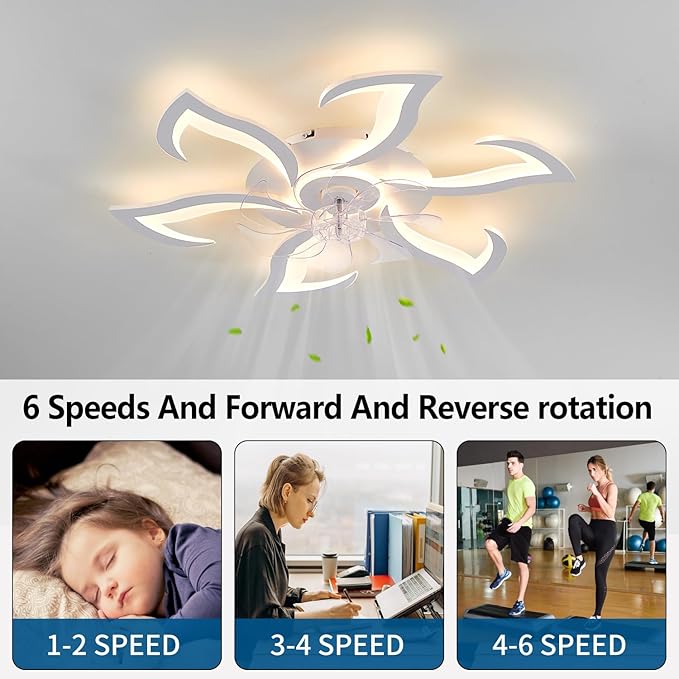 White Flower Modern CeilingFans with Lights, Low Profile Ceiling Fan with Remote for bedroom, 32inch Flush Mount Ceiling Fan with LED Dimmable Light,3-Colors, 6-Speeds, Timing Ceiling Fan Light