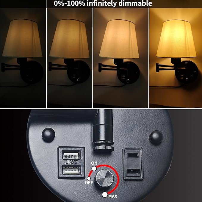 Wall Lamp Plug in with USB and 2 Pin Socket,Wall Mount Lights That Plug in Cord and Switch,Wall Mount Lights for Bedroom Reading Lamps,Nightstand(Bulbs Not Included)