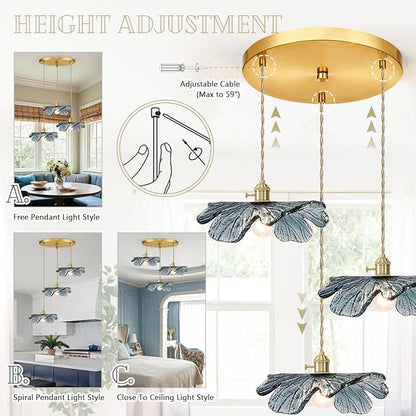 3-Cluster Chandelier Blue Glass Ceiling Pendant Light Fixtures Mid Century Adjustable Gold Brass Chandelier Lighting for Dining Room Living Room Kitchen, E26 Base
