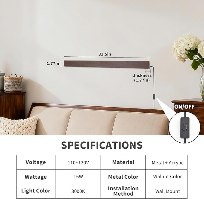 KELUOLY Farmhouse Plug in Long Wall Sconce, 31.4 inch Faux Walnut Finish LED Wall Lights, 16W Warm White 3000K Acrylic Indoor Wall lamp, with 59" Plug Cable for Bedroom, Living Room, Hallway