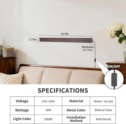 KELUOLY Farmhouse Plug in Long Wall Sconce, 31.4 inch Faux Walnut Finish LED Wall Lights, 16W Warm White 3000K Acrylic Indoor Wall lamp, with 59" Plug Cable for Bedroom, Living Room, Hallway