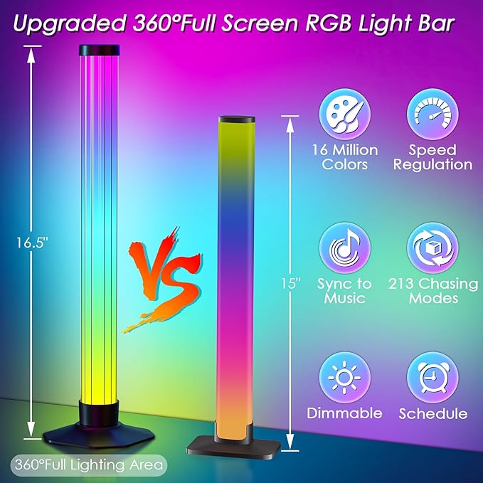 360° Smart Light Bar, RGB Light Bars, Crystal Ambient Mood Light with 16 Million Colors, 213 Preset & 8 Scene Modes, Music Sound Sync, 3 Modes Control, RGB & IC Backlight for TV/Monitor/Gaming/Room