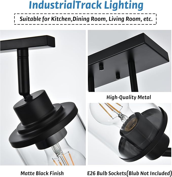 6-Light Track Lighting Kit Directional Bathoom Lights Over Mirror Industrial Black Kitchen Track Lighting Fixtures Ceiling with 6 Rotatable Light Heads, Clear Glass Shade