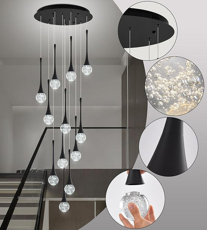 Modern Crystal Staircase Chandelier for High Ceilings, Glam LED Dimmable Pendant Light Living Room Entryway Foyer Chandelier Lighting Fixture Black 12-Lights