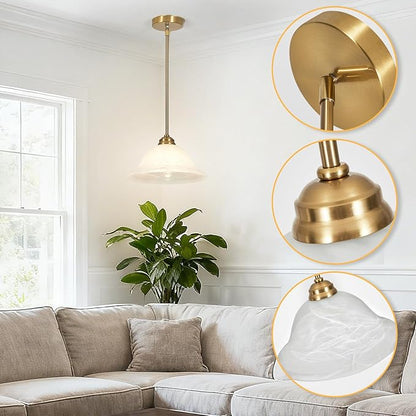 Modern Alabaster Glass Pendant Light Adjustable Rod Pendant Lighting Fixture for Kitchen Sink Bar Dining Room, 12“D (Brass)
