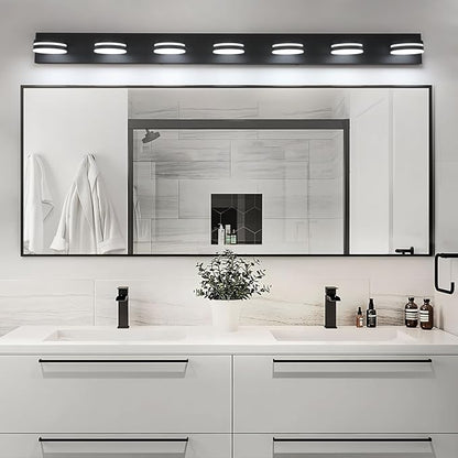 7-Light Bathroom Vanity Light Over Mirror, Matte Black LED Vanity Lighting Fixtures, Modern Bathroom Wall Light Fixtures with 360°Rotating Lamp Head (Cool White 5500K)