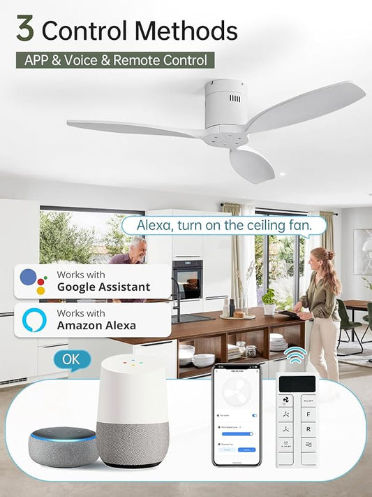 Sofucor 52 Inch Smart Ceiling Fan Without Light Flush Mount Solid Wood Ceiling Fan with Alexa/Google/APP/Remote Control-Modern Outdoor Ceiling Fans No Light for Bedroom/Patio/Indoor, White
