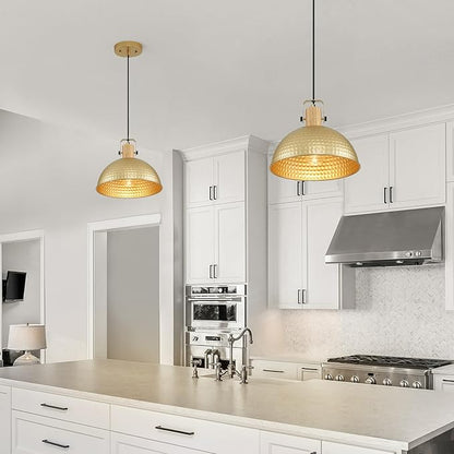 12 Inch Gold Pendant Lights Hammered Matte Pendant Lights for Kitchen Island Industrial Farmhouse Adjustable Height Dome Hanging Light Fixtures for Barn, Dining Room 3 Packs