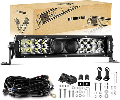 Auxbeam 12 Inch LED Light Bar, 100W 12000LM Spot Flood Combo Off Road Driving Lights, 5D-PRO Series Waterproof Dual Row Driving Work Lamp Lights with Wiring Harness for Cars Trucks Jeep ATV UTV Boats