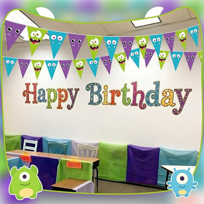 HESTYA 5 Pcs 49 ft Cartoon Monster Pennant Banner Monster Birthday Party Decoration Green Purple Blue Paper Triangle Flag Cute Bunting Garland for Cartoon Themed Party Backdrop Hanging Supplies