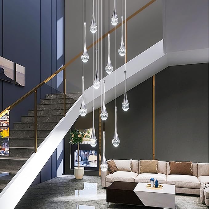 Modern Crystal Staircase Chandelier Polished Chrome 12-Lights, H120'' Large High Ceiling Spiral Dimmable LED Raindrop Foyer Entryway Light Fixture Remote Control