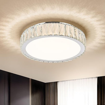 Dimmable Modern LED Crystal Flush Mount Ceiling Light Fixture,Luxury Chrome Round Lighting Fixtures,15 Inch 36W 5CCT 3000K-6000K Large Bedroom Chandelier for Hallway Kitchen Living Room