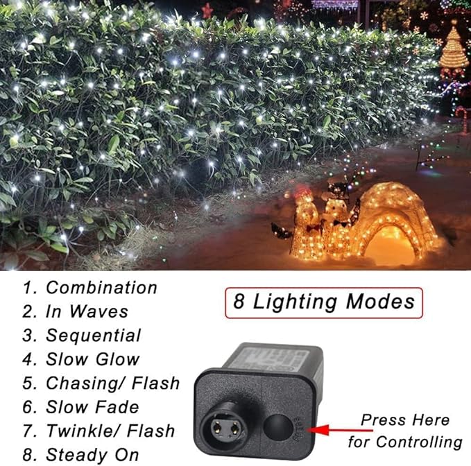 Pooqla 610 LED Christmas Net Lights, 34.5x5ft Outdoor Mesh Lighting, 8 Modes Waterproof Connectable Twinkle Strings for Bushes Yard Decor, Cool White