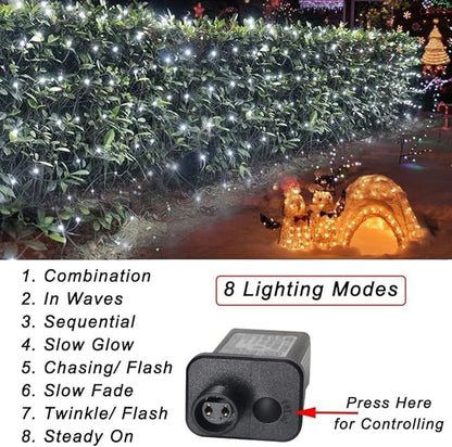 Pooqla 610 LED Christmas Net Lights, 34.5x5ft Outdoor Mesh Lighting, 8 Modes Waterproof Connectable Twinkle Strings for Bushes Yard Decor, Cool White