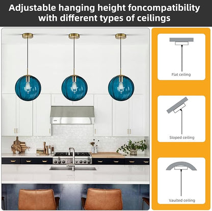 Modern Blue Glass Pendant Light, Kitchen Island Lighting 3-Pack Globe Pendant Light Fixtures Century Kitchen Island Pendant Lighting for Bedroom Living Dining Room Light Fixture (Without Bulb)