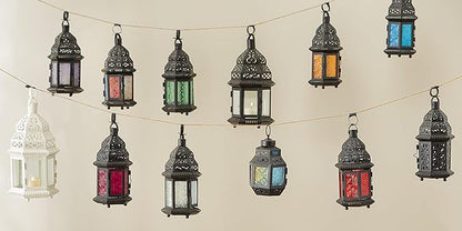 Zingz & Thingz Moroccan Style Candle Lantern Holder, Decorative Light Home Decor, Indoor & Outdoor, 10.25" Tall, Black with Red Glass