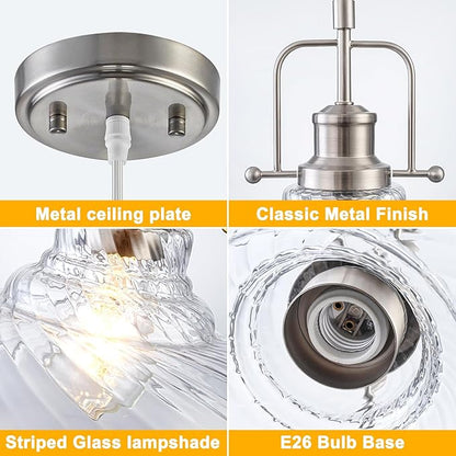 WILON Brushed Nickel Striped Glass Chandelier Pendant Lights Kitchen Island Lighting, Modern Hanging Lamp for Sink Dining Room Over Table Hallway Entryway Bar Foyer Bathroom