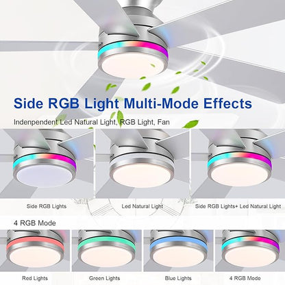 RGB Ceiling Fans with Lights, 46" Flush Mount Ceiling Fan with Remote APP, RGB+3CCT Dimmable Led Light, Reversible 6 Wind Speeds&2H Timer, Low Profile Modern Fan Light Fixture for Bedroom Party Silver